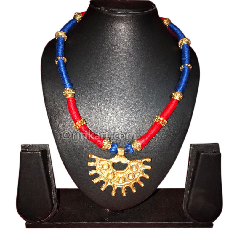 Tribal Necklace Royal Sun with Blue and Red Thread