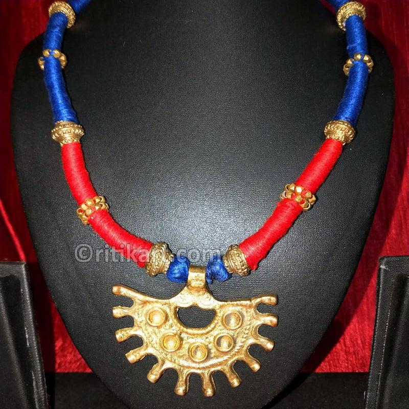 Tribal Necklace Royal Sun with Blue and Red Thread
