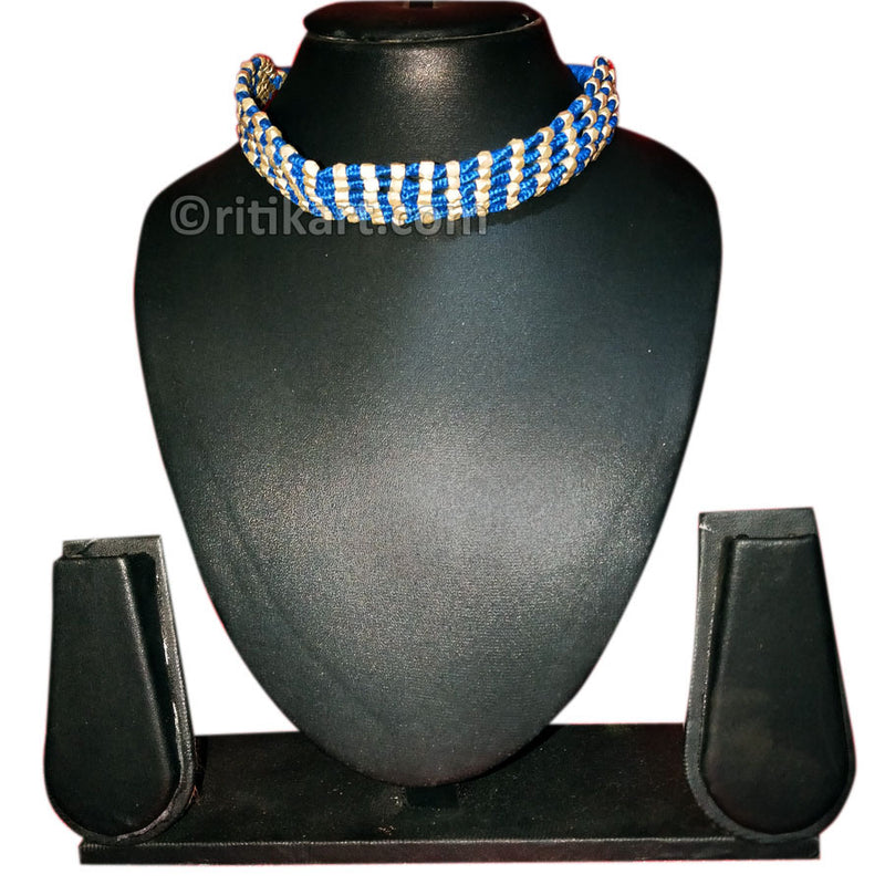 Tribal Necklace with Brass Embedded Beads Blue Color