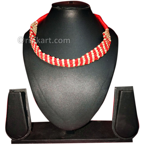 Tribal Necklace with Brass Embedded Beads Red Color