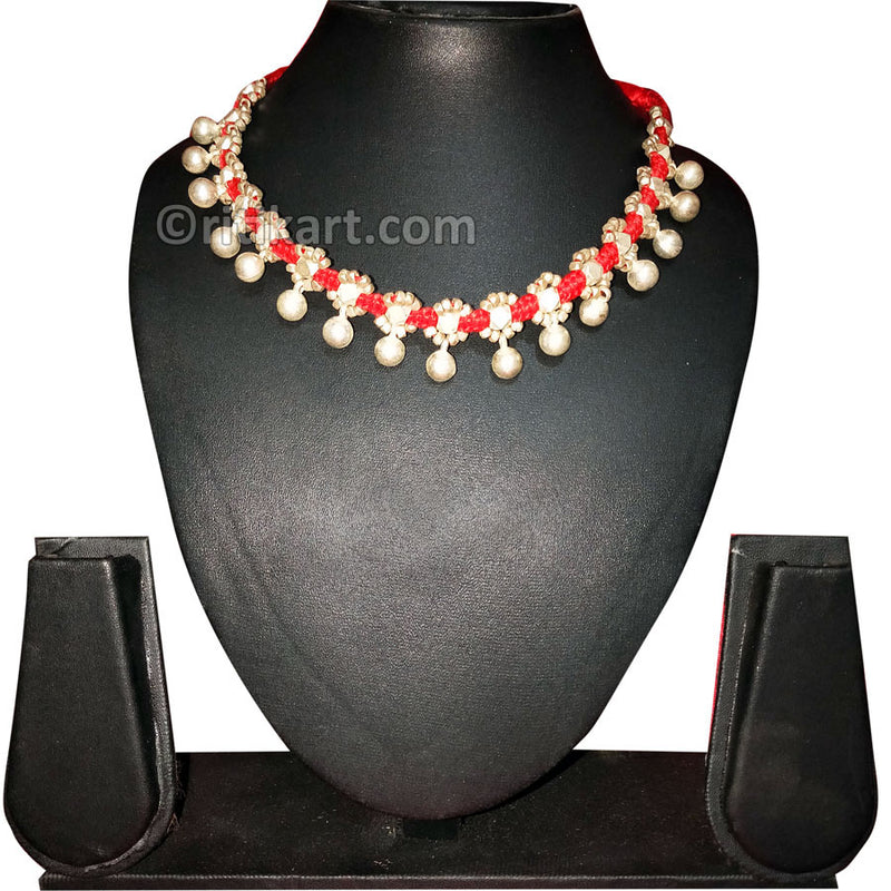 Tribal Necklace Brass Balls embedded in Red Thread