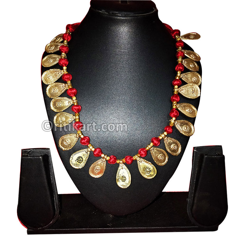 Tribal Necklace Golden Leaf with Red Thread
