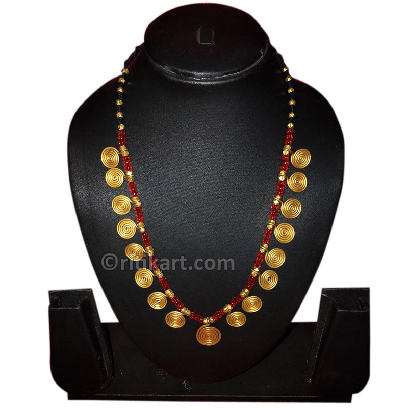 Tribal Dhokra Necklace with Red Color Beads