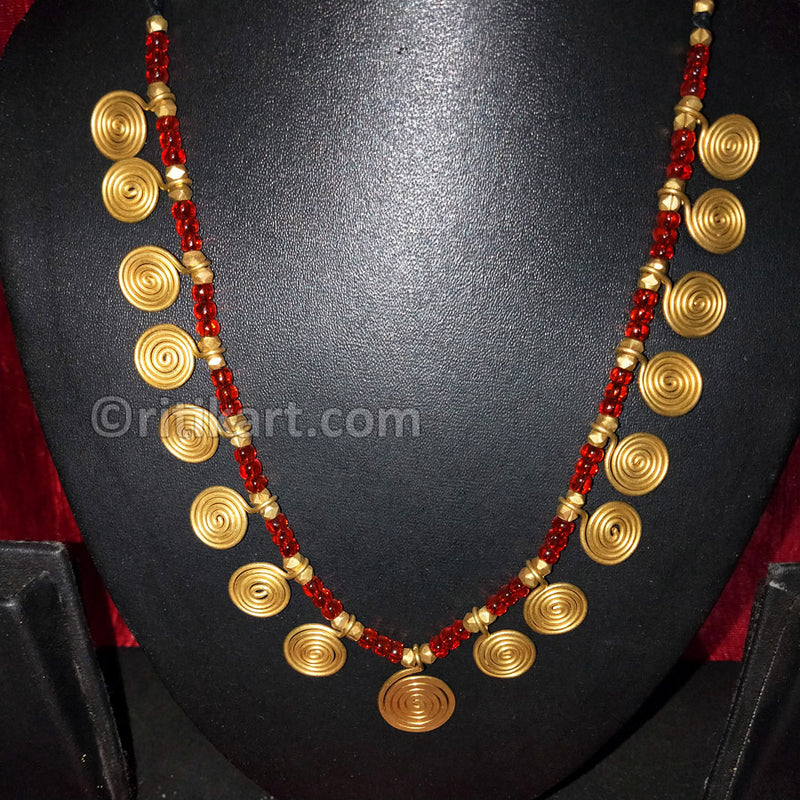 Tribal Dhokra Necklace Embedded with Red Plastic Beads
