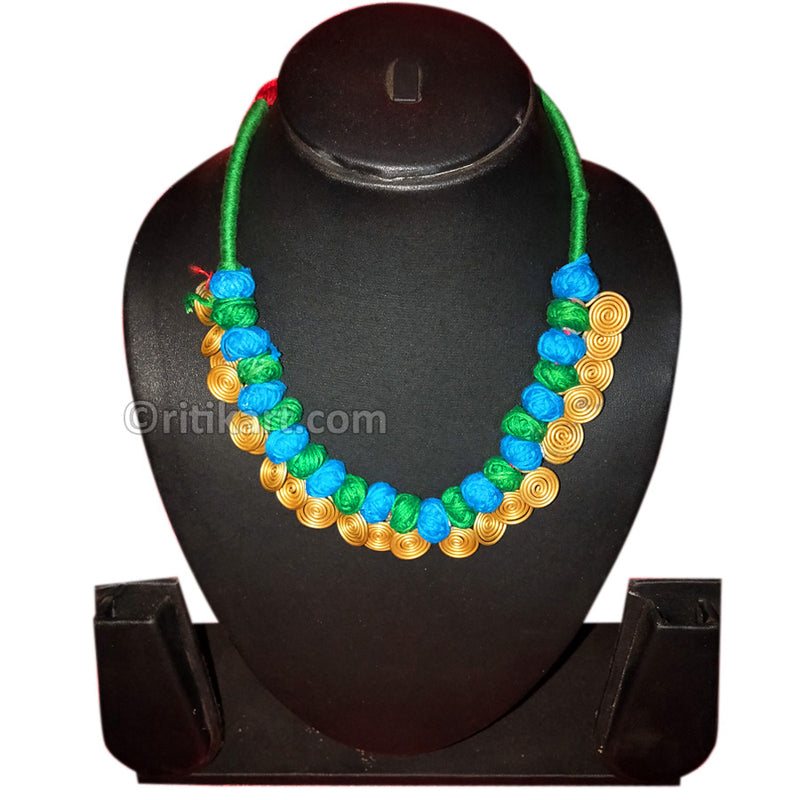 Tribal Dhokra Necklace with Blue and Green Color Thread_1