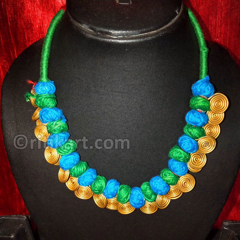 Tribal Dhokra Necklace with Blue and Green Color Thread_2