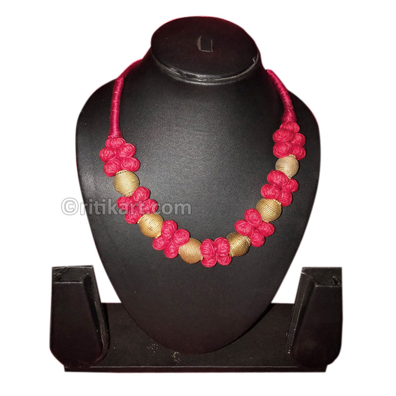 Tribal Dhokra Vessels Embedded in Pink Silk Thread Necklace_1