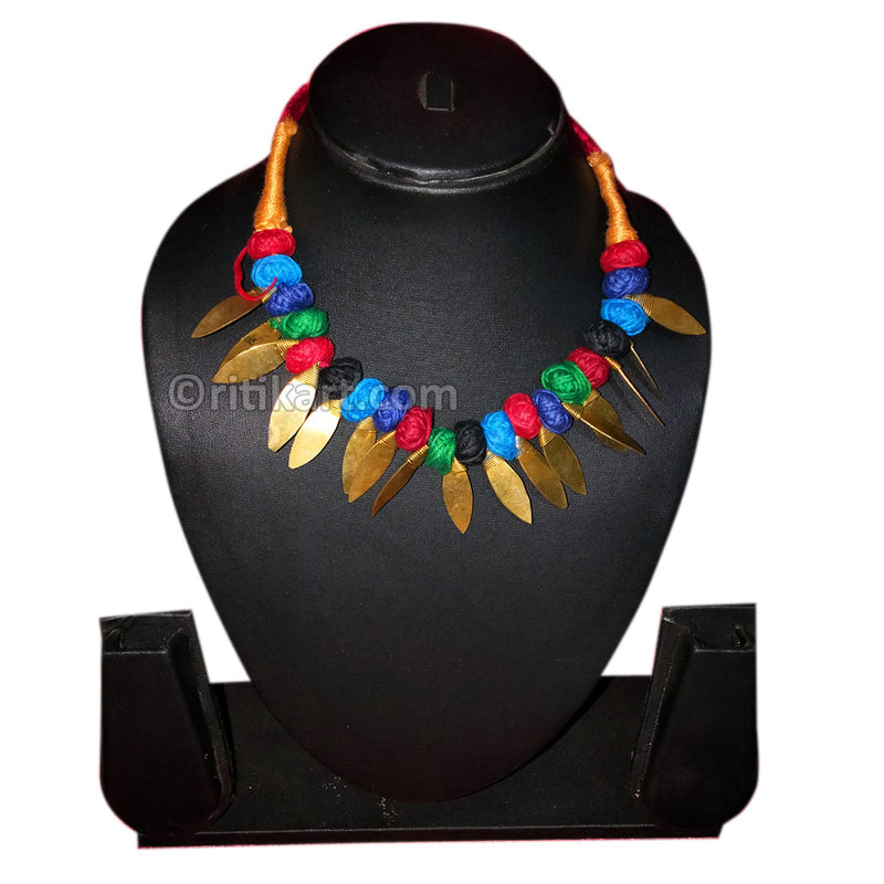 Tribal Necklace of Brass Leaves Embedded in Colorful Thread_1