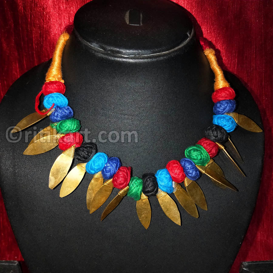 Tribal Necklace of Brass Leaves Embedded in Colorful Thread Ritikart