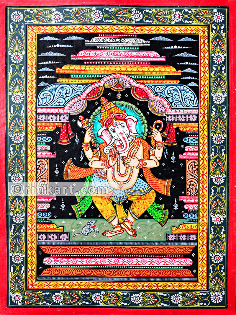 Lord Ganesh Dancing Posture Canvas Pattachitra_front