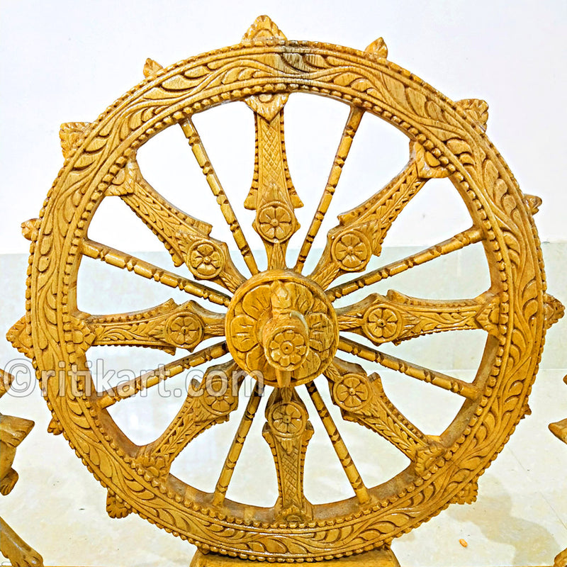 Wood Carving Konark Wheel with both side Lion Showpiece