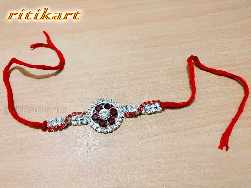 Flower Design White and Red Color Stone Rakhi