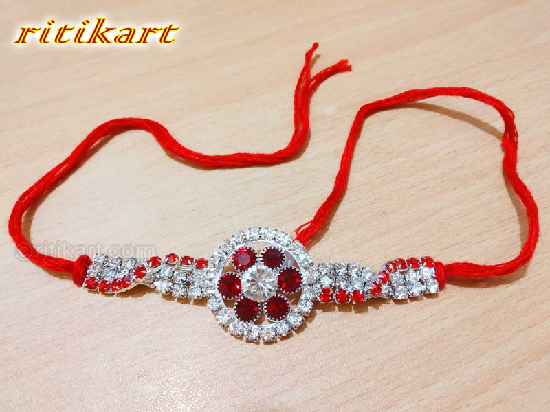 Flower Design White and Red Color Stone Rakhi