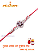 Flower Design White and Red Color Stone Rakhi