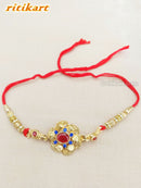 Golden Flower with Blue Stone Designer Rakhi