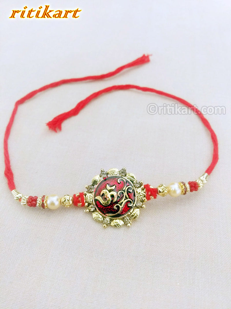 Religious Omm Rakhi with Red and Golden Beads
