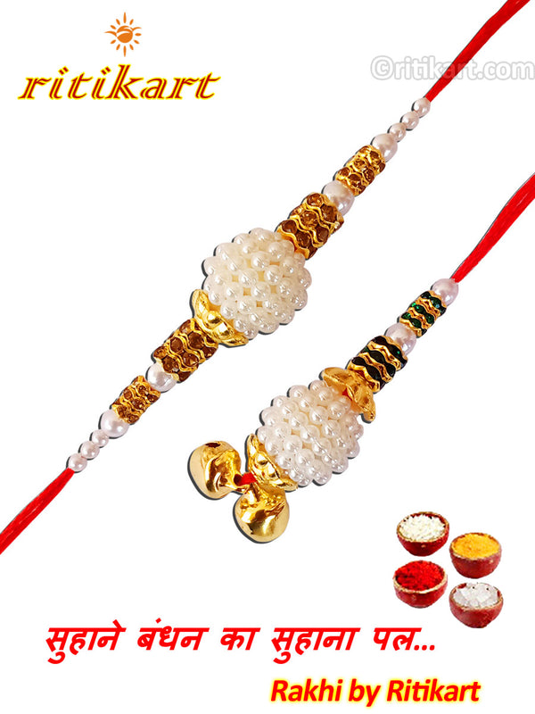 Bhaiya-Bhabhi White with Golden Color Beads Rakhi