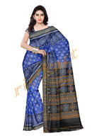 Sambalpuri Cotton Saree In Blue Colour Body and Black Anchal With Flower Design