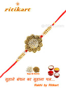 Golden Color flower design Rakhi with white stone