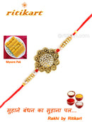 Golden Color flower design Rakhi with white stone