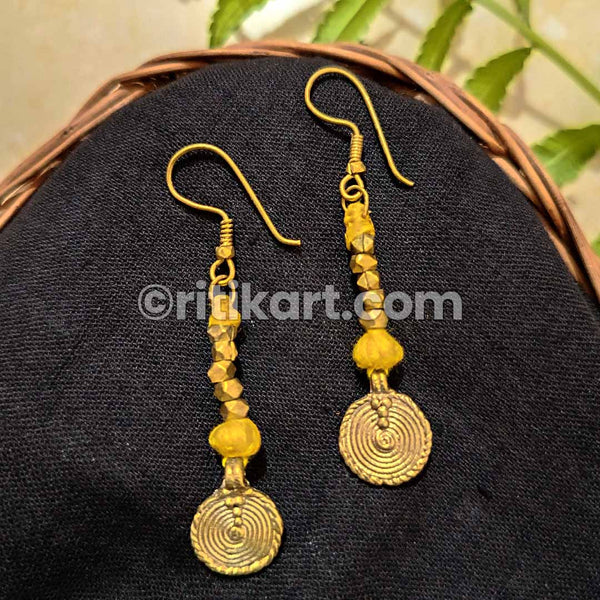 Golden Brass Beads Earrings with Spiral Ring