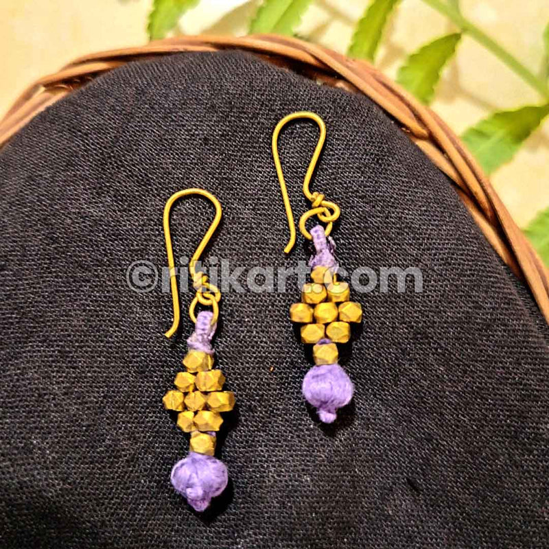 Brass Beads Earrings with Purple Thread Work