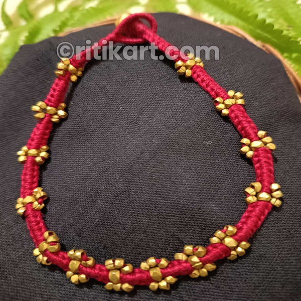Tribal Dhokra Anklet with Small Brass Beads in Pink Thread