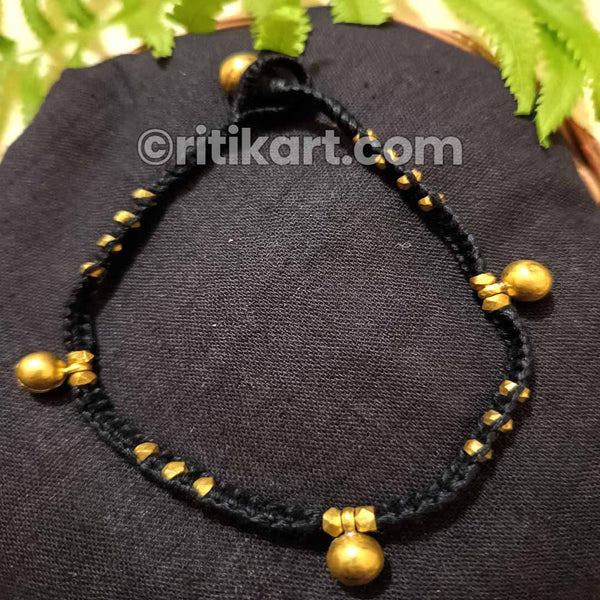 Anklet with Big Brass Beads Embedded in Black Thread