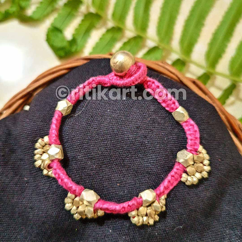 Ancient Tribal Brass Beads Embedded Bracelet with Pink Thread