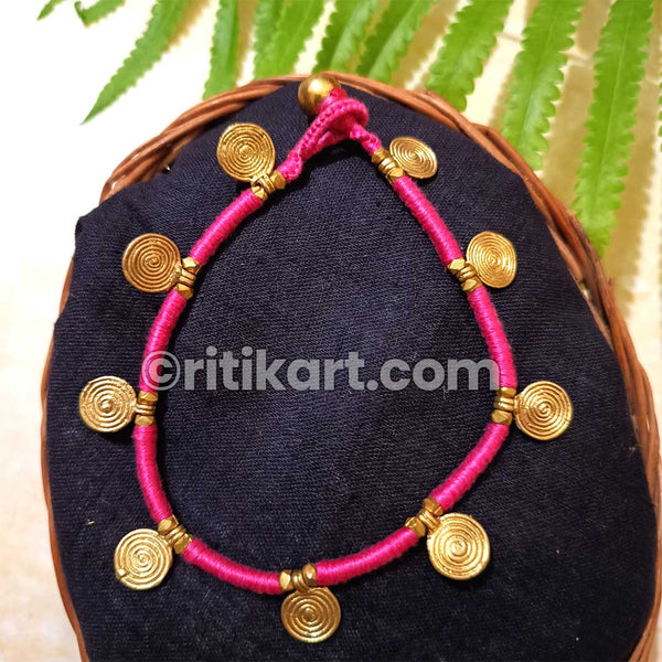 Ancient Dhokra Brass Anklet with Pink Threadwork