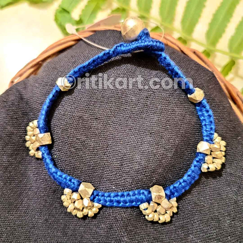 Tribal Dhokra Bracelet with Brass Beads Embedded in Blue Thread