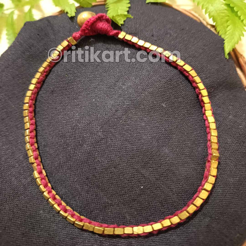 Tribal Anklet with Embedded Brass Beads in Pink Thread