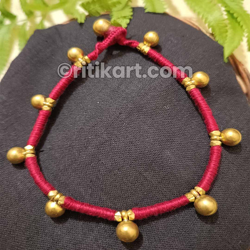 Ancient Tribal Anklet with Big Brass Beads Embedded in Pink Thread
