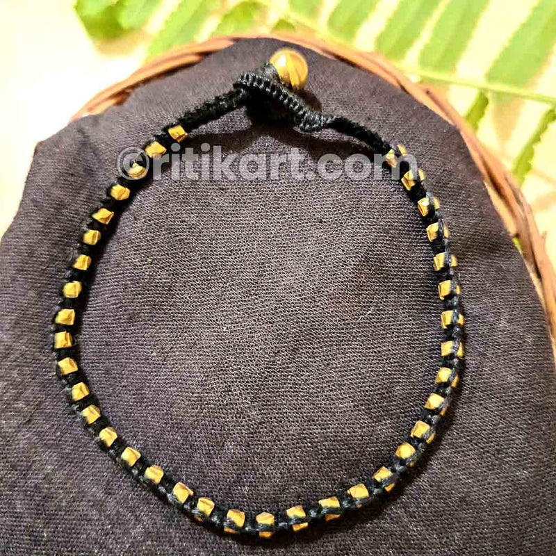 Brass Anklet with Golden Dhokra Beads in Black Thread