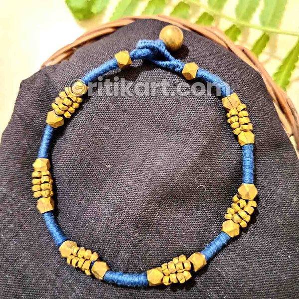 Brass Beads embedded Anklet with Blue Thread