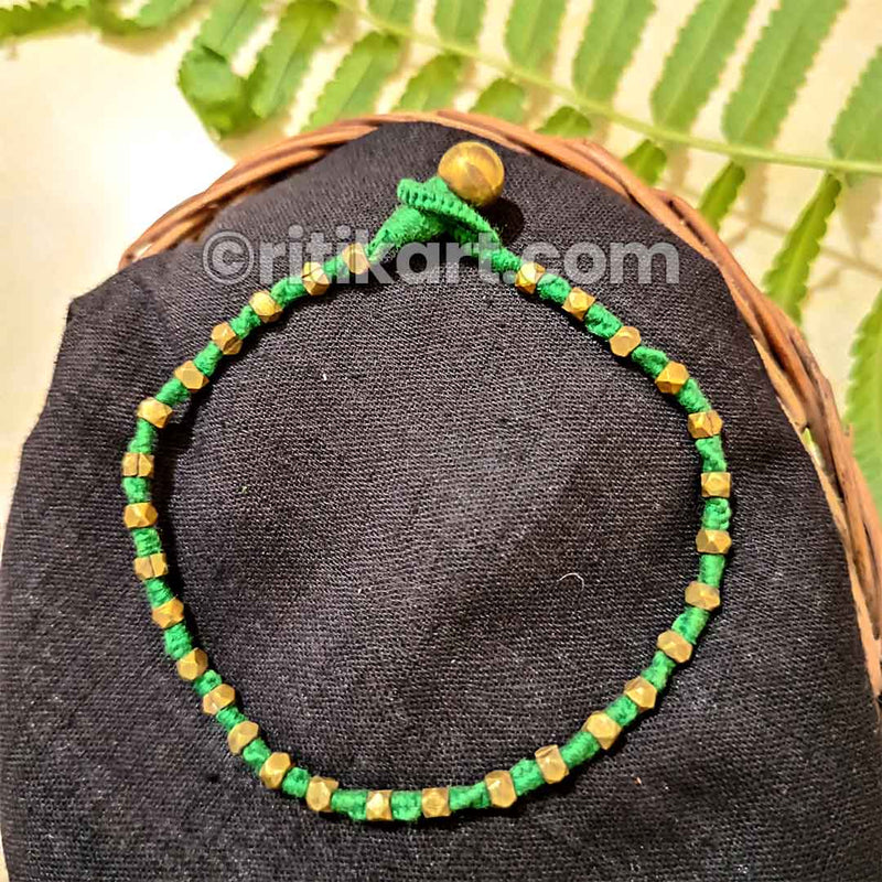 Tribal Brass Anklet with Brass Beads in Green Thread Ritikart