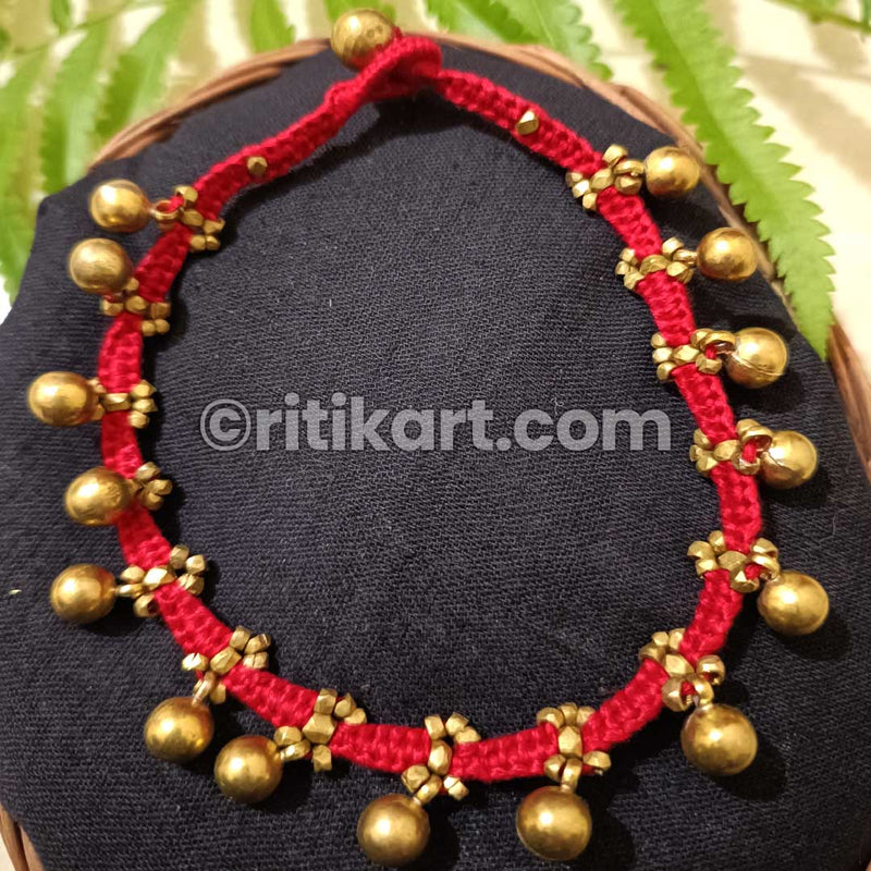 Ancient Dhokra Brass Anklet with Red Threadwork