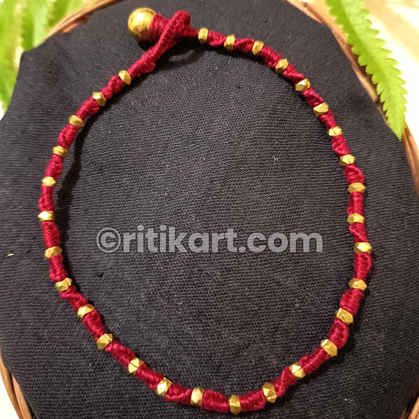 Ancient Dhokra Brass Anklet with red Threadwork-1