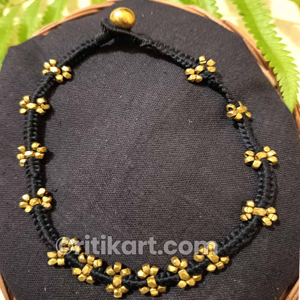 Ancient Dhokra Brass Anklet with Black Threadwork
