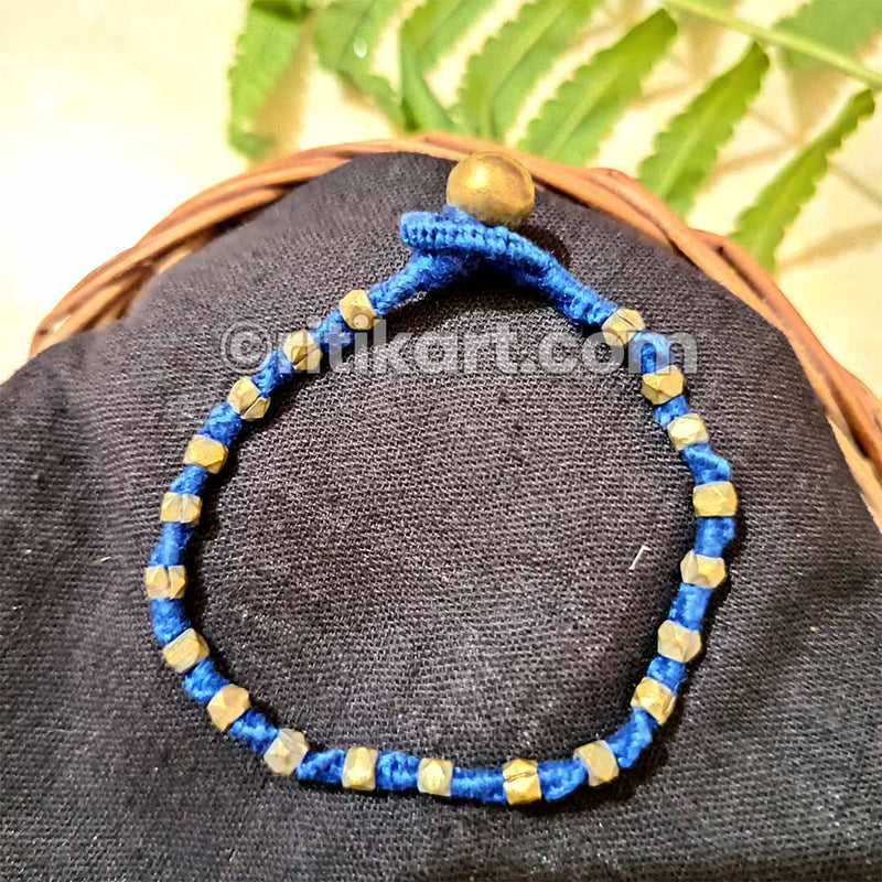 Ancient Tribal Bracelet with Brass Beads in Blue Thread