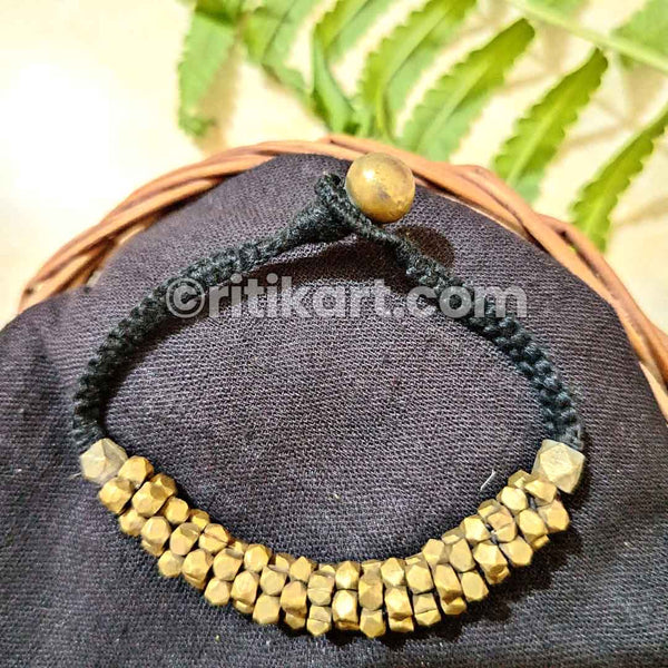 Brass Beads Embedded Tribal Bracelet with Black Thread