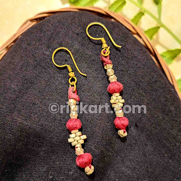 Tribal Earrings with Pink Threadwork on the Brass Beads