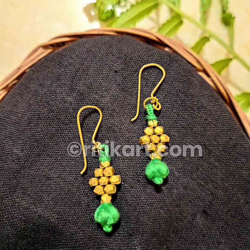 Ancient Tribal Earrings with Green Threadwork with Brass Beads