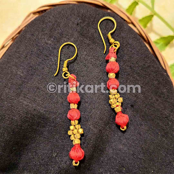 Tribal Earrings with Red Threadwork on the Brass Beads