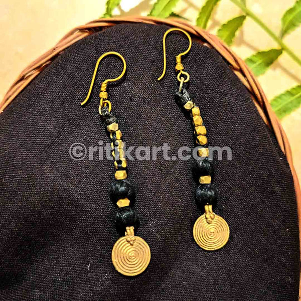 Spiral Rings With Small Brass Beads embedded with Black Threadwork Earrings