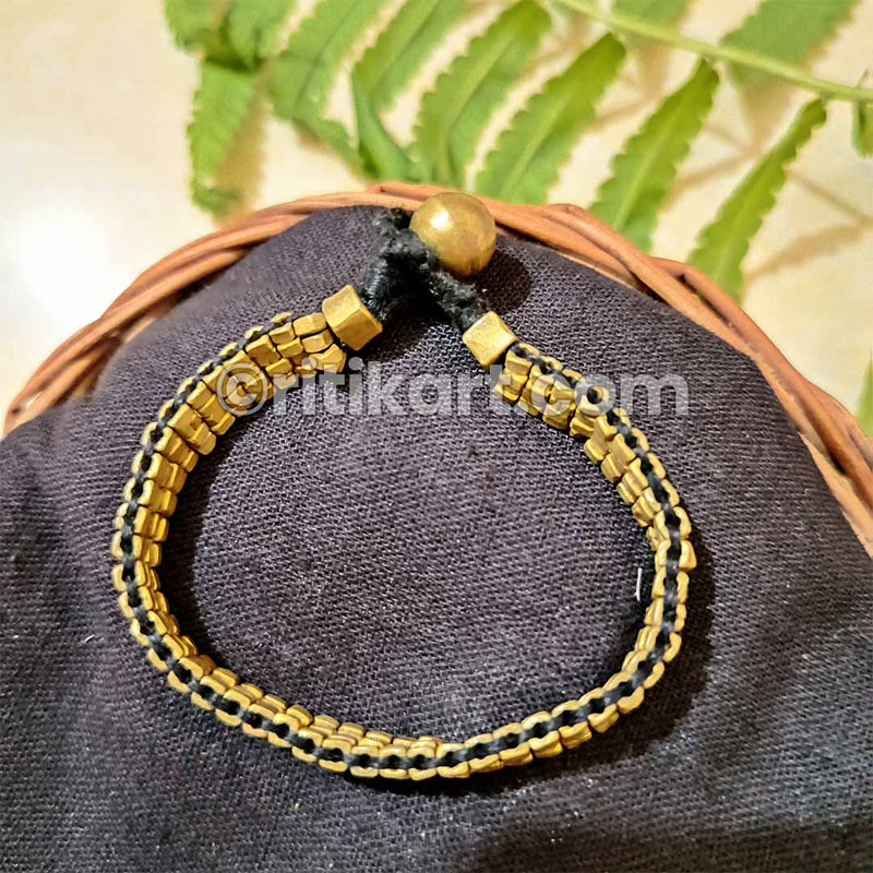 Dhokra Tribal Bracelet with Brass Beads Embedded in Black Thread