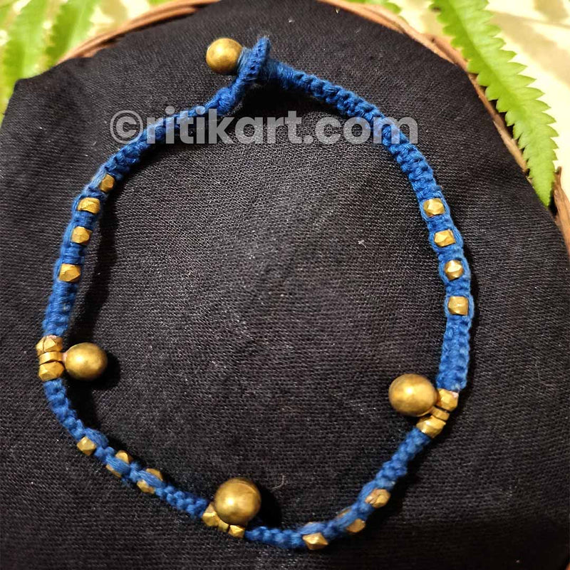Ancient Dhokra Anklet with Golden Beads in Blue Thread