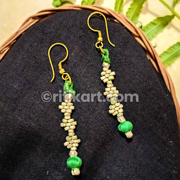 Small beads embedded with Green Thread Work Earrings