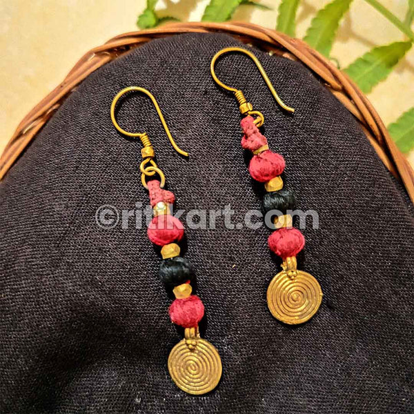 Black and Red Thread Work on Beads with Spiral Ring Earrings