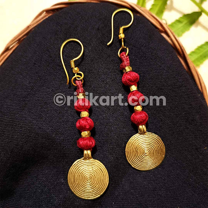 Spiral Brass Work with Red Thread Work on Beads Earrings